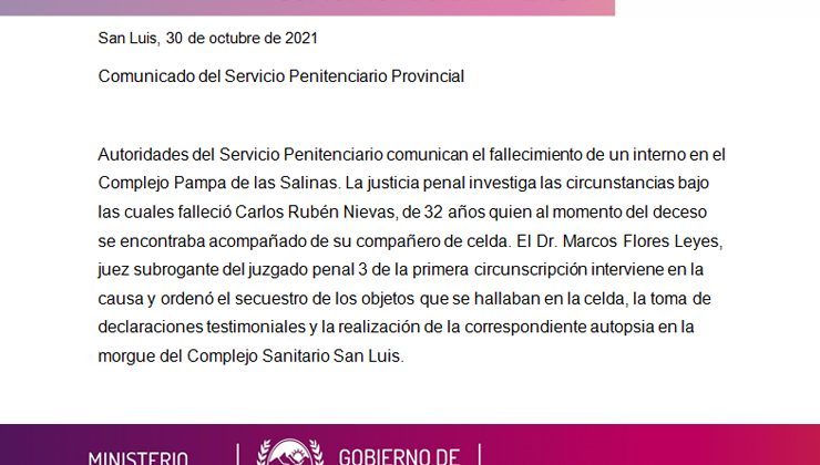 Comunicado del Servicio Penitenciario Provincial