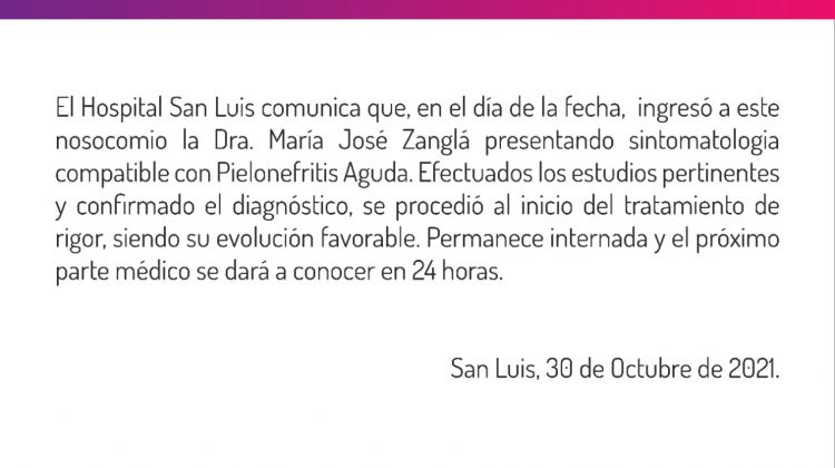 Comunicado Hospital San Luis sobre el estado de salud de la doctora Zanglá