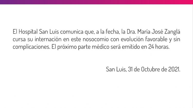 Comunicado Hospital San Luis sobre el estado de salud de la doctora Zanglá