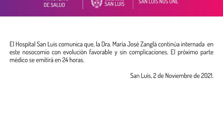 Comunicado del Hospital San Luis sobre el estado de salud de la doctora Zanglá