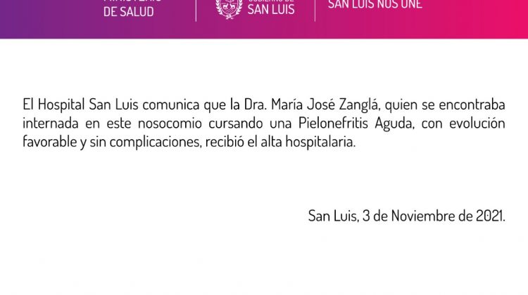 Comunicado del Hospital San Luis sobre el estado de salud de la doctora Zanglá