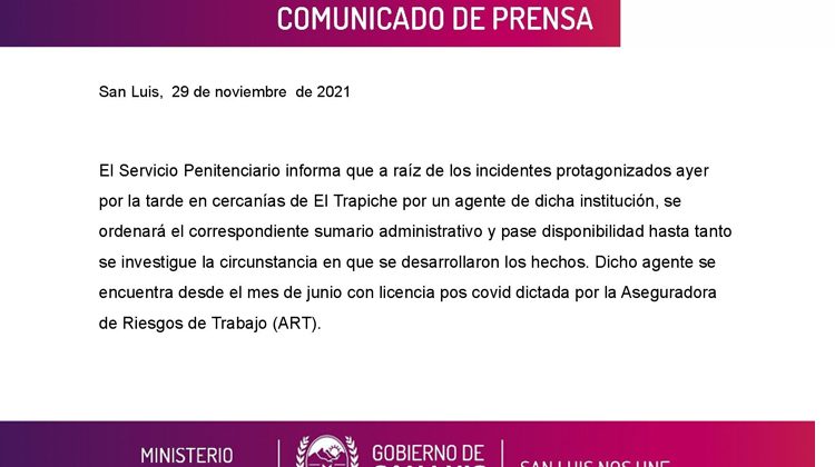 Comunicado del Ministerio de Seguridad