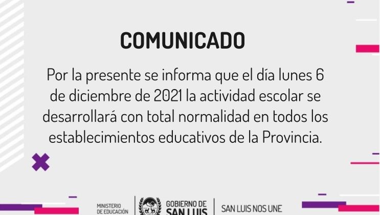 El próximo lunes la actividad escolar se desarrollará con normalidad