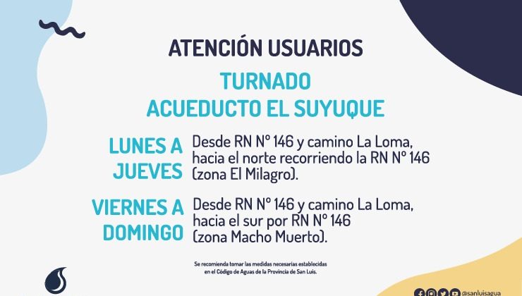 Por las bajas precipitaciones, realizarán un turnado en el Acueducto el Suyuque