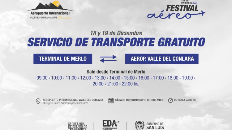 Festival Aéreo: habrá un servicio gratuito de transporte desde la terminal de Villa de Merlo hasta el Aeropuerto Valle del Conlara