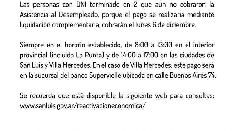 Comunicado sobre el pago de la Asistencia al Desempleado