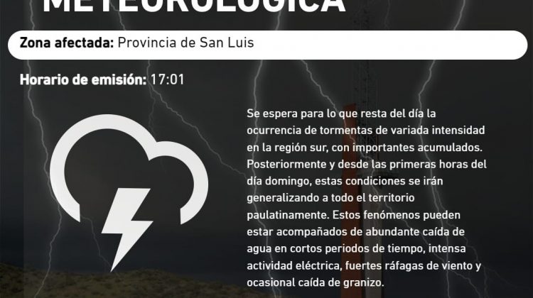 Rige una alerta meteorológica por tormentas para toda la provincia de San Luis