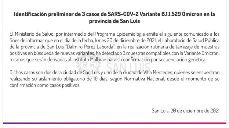 Identificaron 3 casos de la variante Ómicron en la provincia