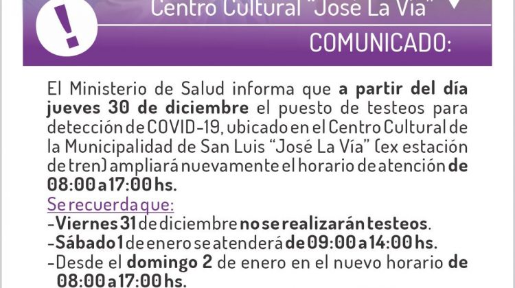 Amplían horario de testeos en la ciudad de San Luis