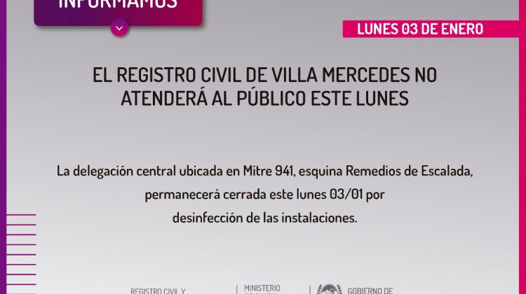 El Registro Civil de Villa Mercedes no atenderá al público este lunes