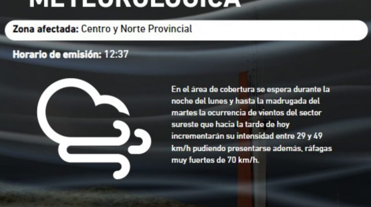 Alerta por vientos fuertes del sureste para esta noche y la madrugada del martes