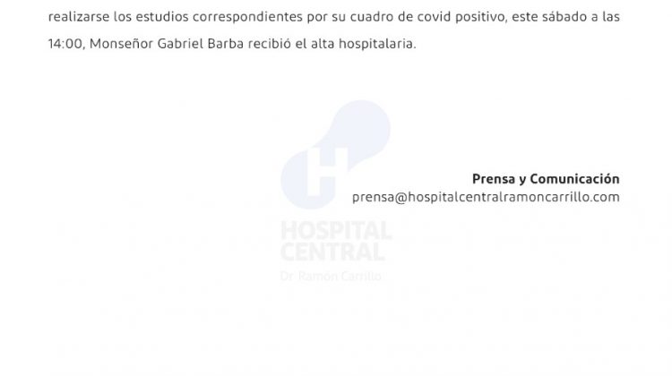 Comunicado del Hospital Central “Dr. Ramón Carrillo” sobre el estado de salud de monseñor Gabriel Barba