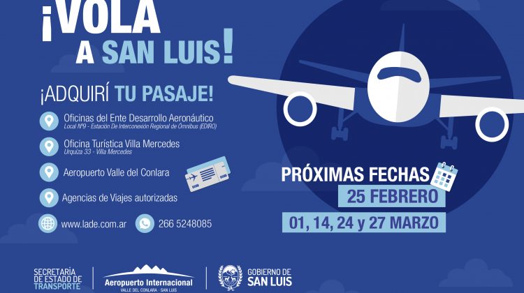 Con el agregado de una nueva fecha, sigue la venta de pasajes para los vuelos entre Aeroparque y el Valle del Conlara