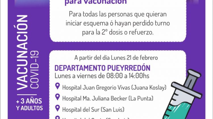 Desde el lunes próximo se vacunará en los hospitales de referencia del Departamento Pueyrredón