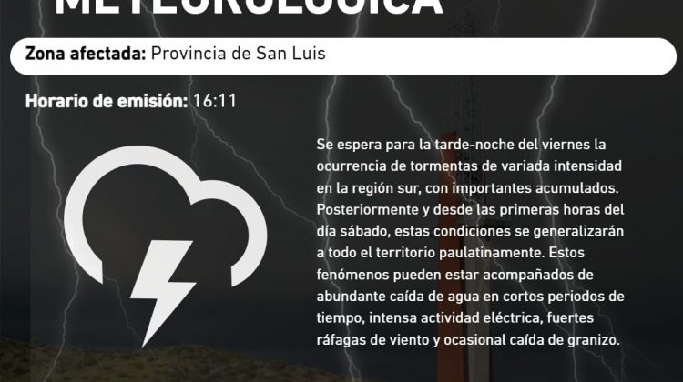 Emiten una alerta por tormentas de variada intensidad en la provincia