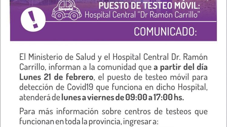 Horario para testeos por COVID-19 en el Hospital Central