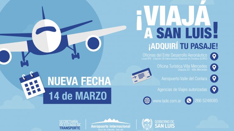 El próximo lunes 14 de marzo habrá vuelo comercial entre Aeroparque, Valle del Conlara y Villa Reynolds