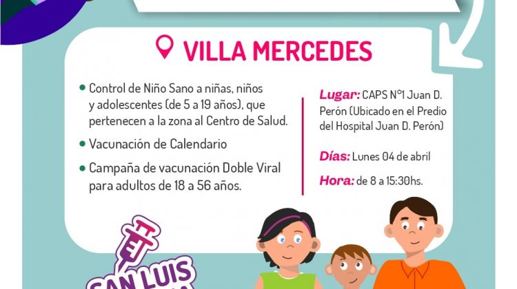 Continúan los controles y vacunación de calendario a menores, adolescentes y adultos de Villa Mercedes. 