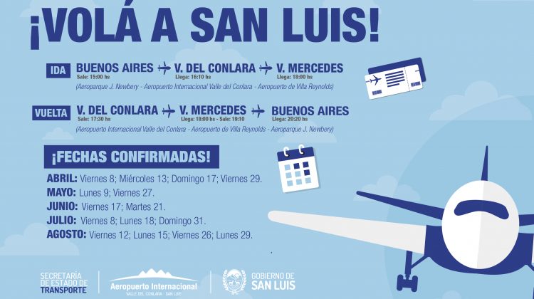 Sigue la venta de pasajes para los vuelos entre Aeroparque, Valle del Conlara y Villa Reynolds