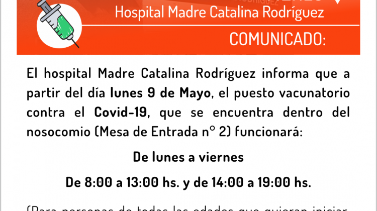 El Hospital “Madre Catalina Rodríguez” amplía el horario de atención para vacunación