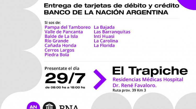 Este viernes se entregan las tarjetas de crédito y débito del Banco Nación en El Trapiche, La Punta y San Francisco