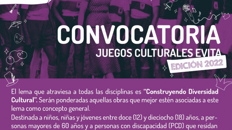 Juegos Culturales Evita: la convocatoria estará abierta hasta el 15 de septiembre