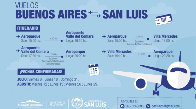 Continúa la venta de pasajes para los vuelos entre Aeroparque, Valle del Conlara y Villa Reynolds