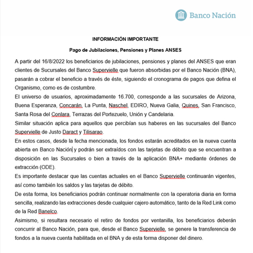 Comunicado del Banco de la Nación Argentina
