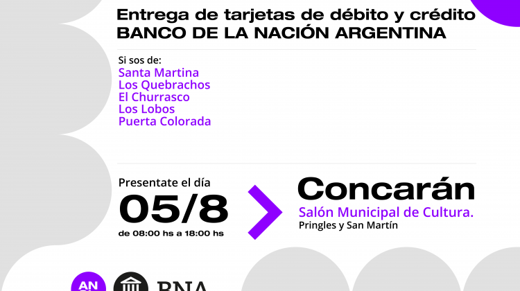 Este viernes los empleados públicos de Concarán podrán retirar las tarjetas de débito y crédito del Banco Nación