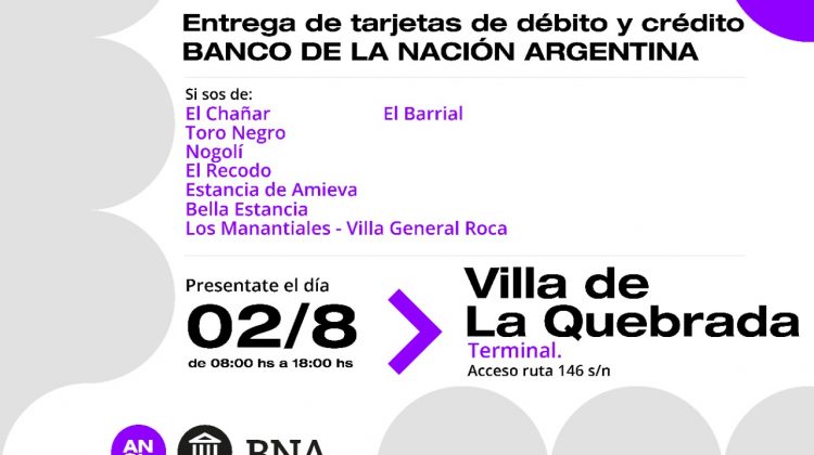 Este martes se entregan las tarjetas de débito y crédito del Banco Nación en Villa de la Quebrada, Fraga y Beazley 