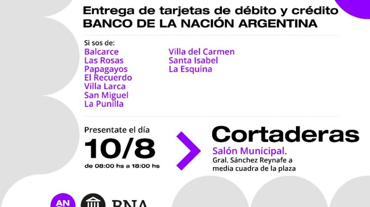 Este miércoles el operativo del Banco Nación se realizará en Villa Mercedes, Cortaderas, Lafinur y Carpintería