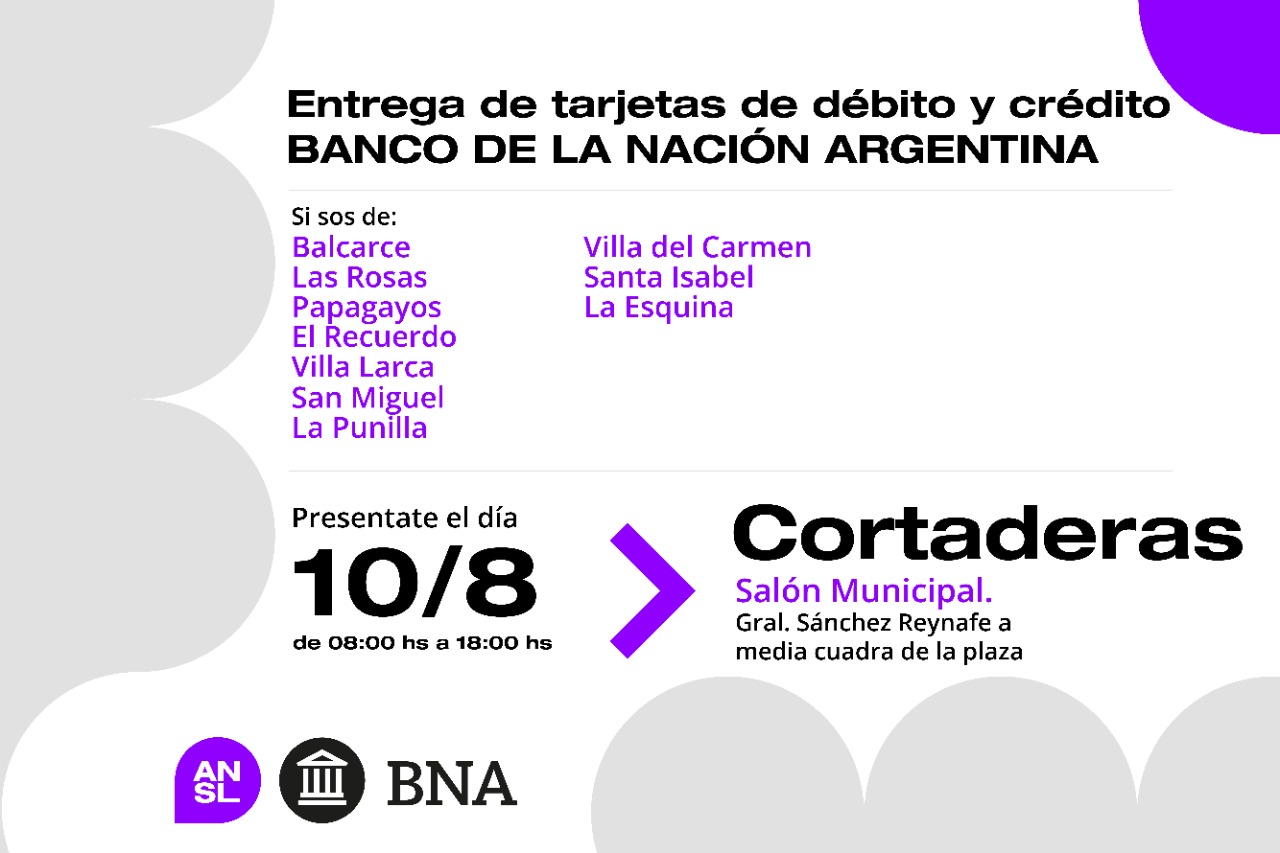 Este miércoles el operativo del Banco Nación se realizará en Villa Mercedes, Cortaderas, Lafinur y Carpintería