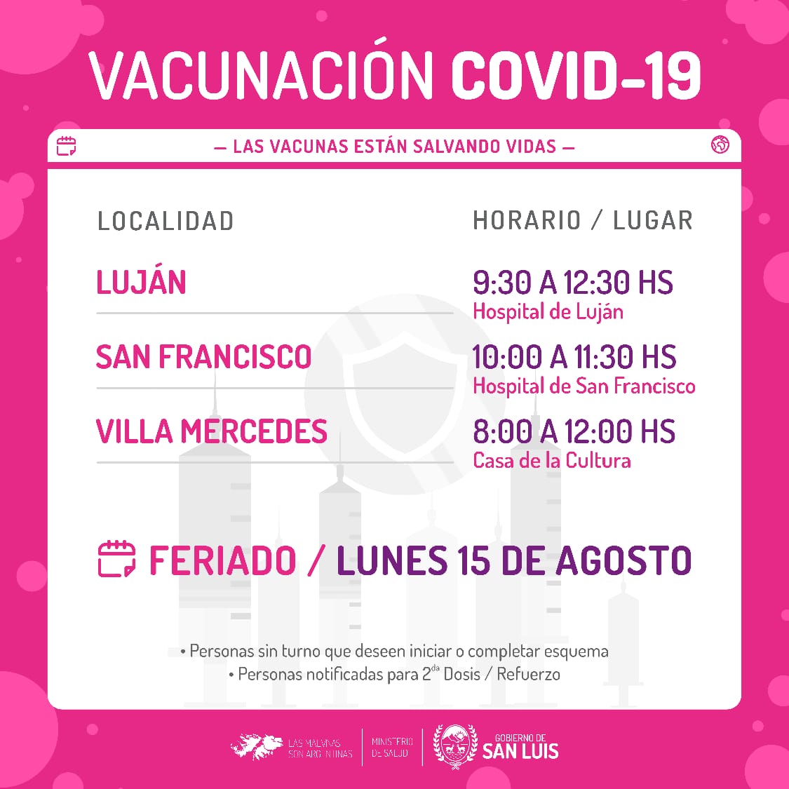 Vacunación: este lunes feriado habrá operativos en Luján, San Francisco y Villa Mercedes