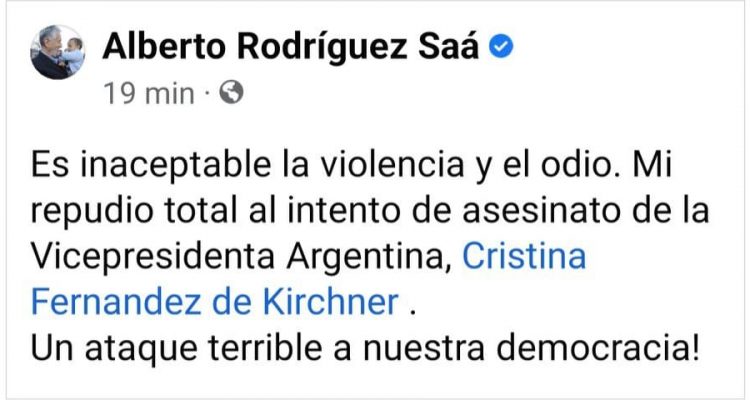 Comunicado del gobernador Alberto Rodríguez Saá sobre el atentado a la vicepresidenta de la Nación