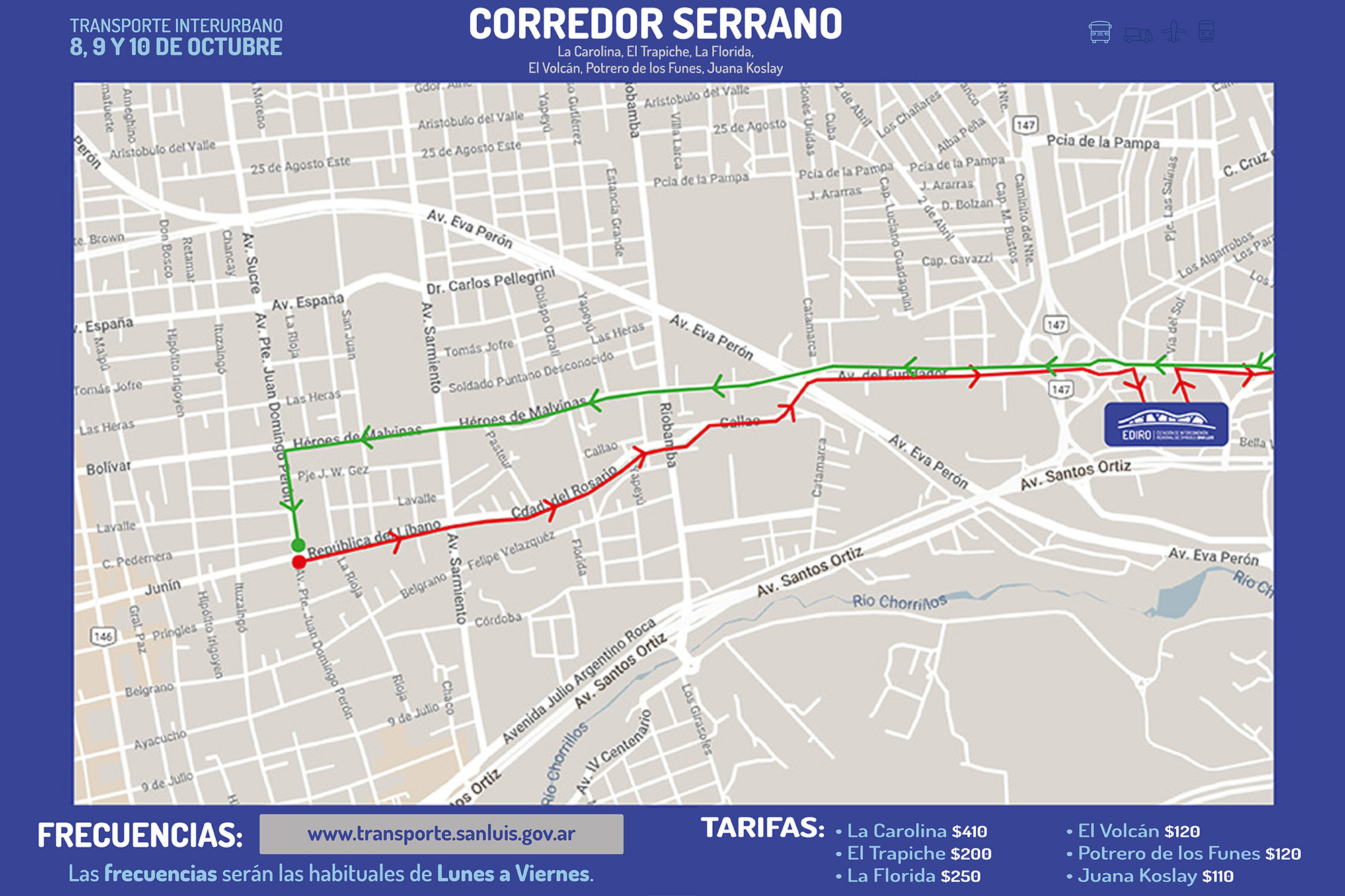 Este fin de semana habrá modificaciones en el recorrido del transporte interurbano dentro de la ciudad de San Luis