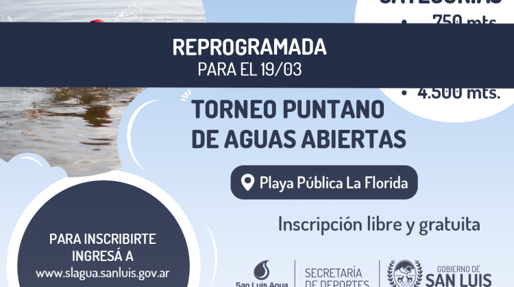 El Torneo Puntano de Aguas Abiertas se reprograma para el domingo 19 de marzo