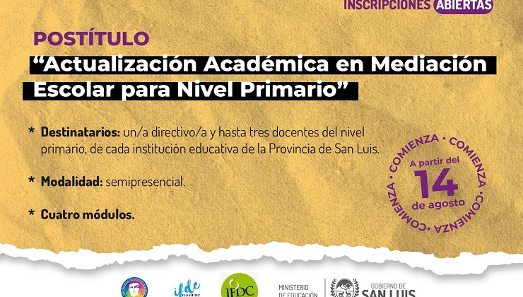 Abrieron las inscripciones al postítulo para formar mediadores escolares en el nivel primario