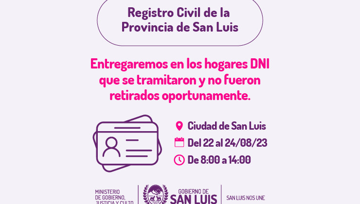 El Registro Civil entregará en hogares de San Luis DNI que no fueron retirados