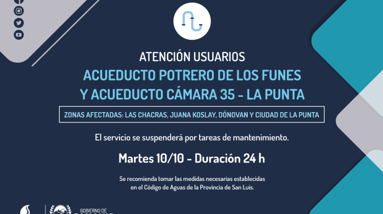 Por mantenimientos, suspenderán el servicio de los acueductos Potrero de los Funes y Cámara 35-La Punta