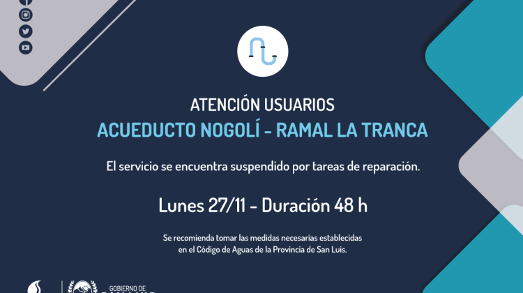 Realizarán reparaciones en el Ramal La Tranca del Acueducto Nogolí