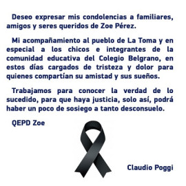 El Gobernador se expresó ante la muerte de Zoe Pérez