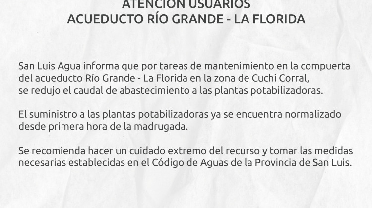 El suministro de agua es normal en la capital de San Luis