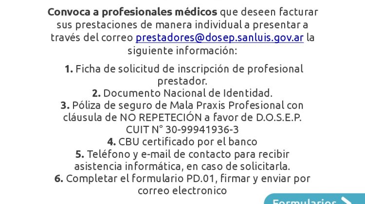 DOSEP convoca a los profesionales que deseen facturar sus prestaciones de manera individual