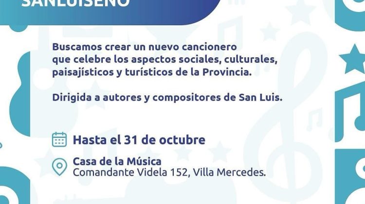 Nuevo Cancionero Sanluiseño: hasta el 31 de octubre habrá tiempo de presentar las creaciones