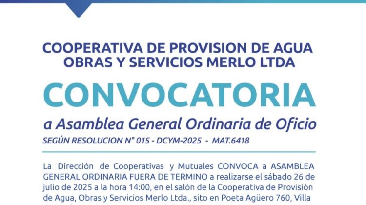 Cooperativa de agua de Merlo: convocan a asamblea general ordinaria de oficio