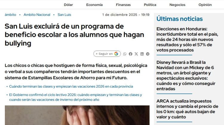 Fuerte repercusión nacional por la medida de San Luis contra el bullying en las escuelas