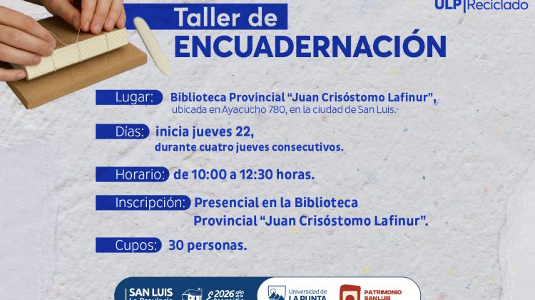 Dictarán un taller de encuadernación para el personal de bibliotecas y archivos